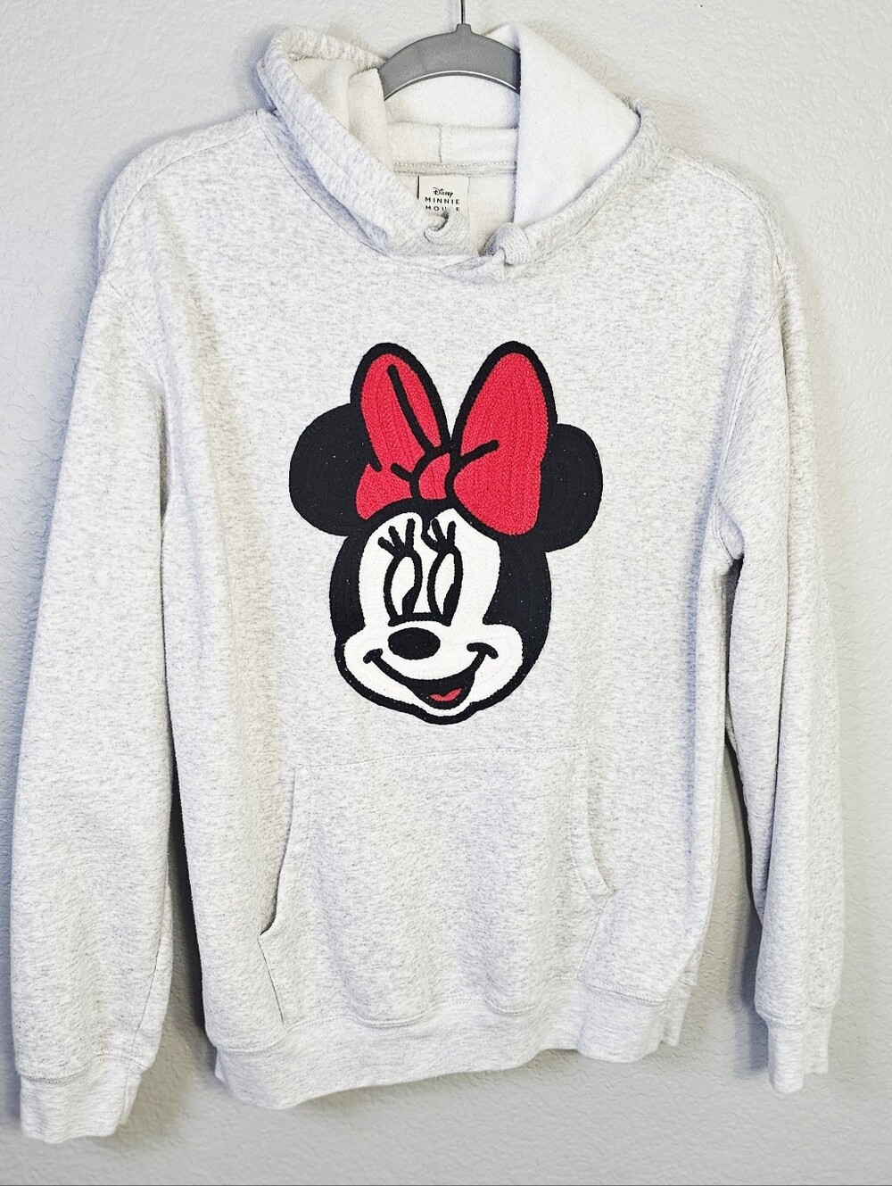 Disney Minnie Mouse Sherpa Hoodie Gray Embroidered Bow Pullover Medium
